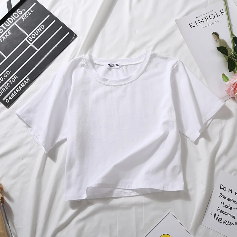 

2021 Summer Short Sleeve T Shirts Women Cotton Solid T-shirt O Neck High Waist Crop Top Tee Female Casual Loose T Shirt