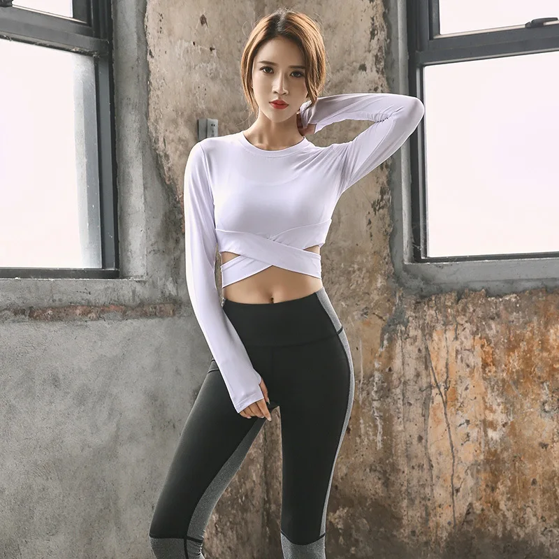 

Yoga Clothing Women's Ultra-Short Stretch Tight Long-Sleeved Sports T-shirt Female Cross-Slim Round Neck Fitness Clothes