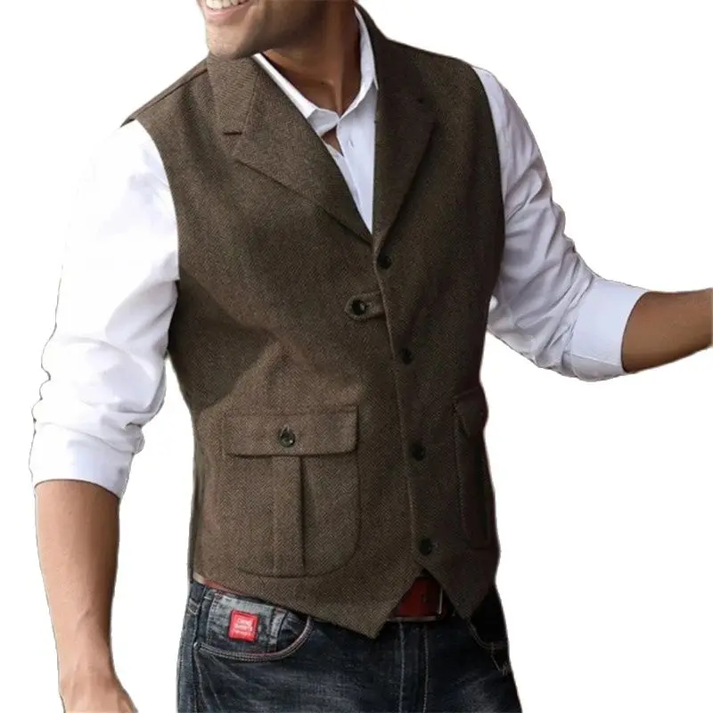 

Men's Suit Vest Brown Herringbone Notched Lapel Single Breasted Retro Waistcoat Slim Fit Casual Formal Business Groomman Wear