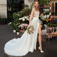 modern sexy high thigh split bridal wedding dresses lace sleeveless v neckline wedding gowns for bride appliqued court train