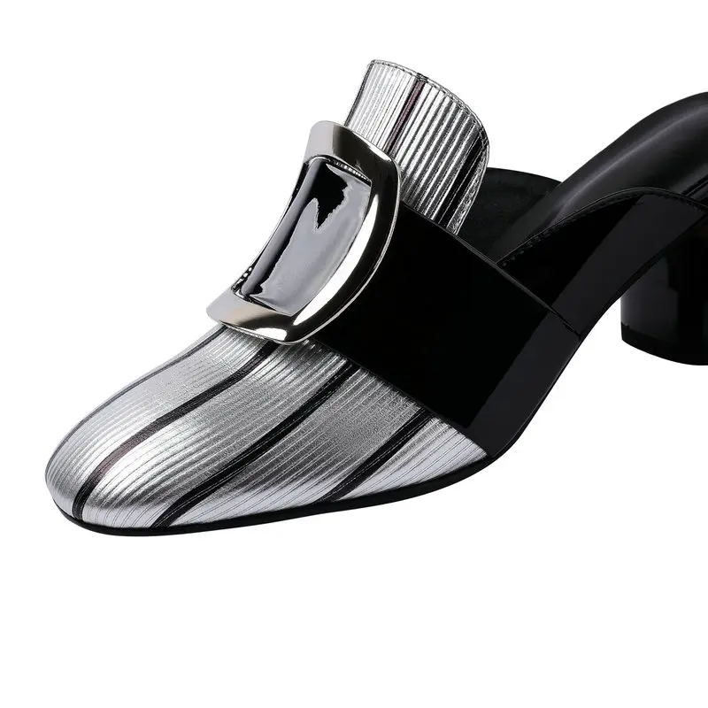

2021 Summer Genuine Leather Thick Heels Women slippers Mixed colors Shoes For Women Retro Nigth Club Office Shoes Woman