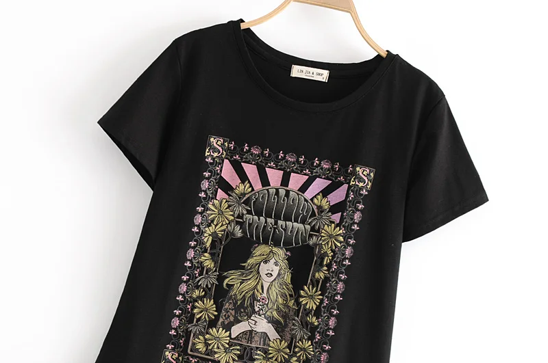 Женский топ с круглым вырезом Boho hippie хлопковая Футболка принтом розы женская