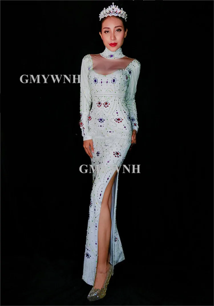 X38 певица выполнять Стразы длинное платье белый жемчуг один кусок наряды Красный