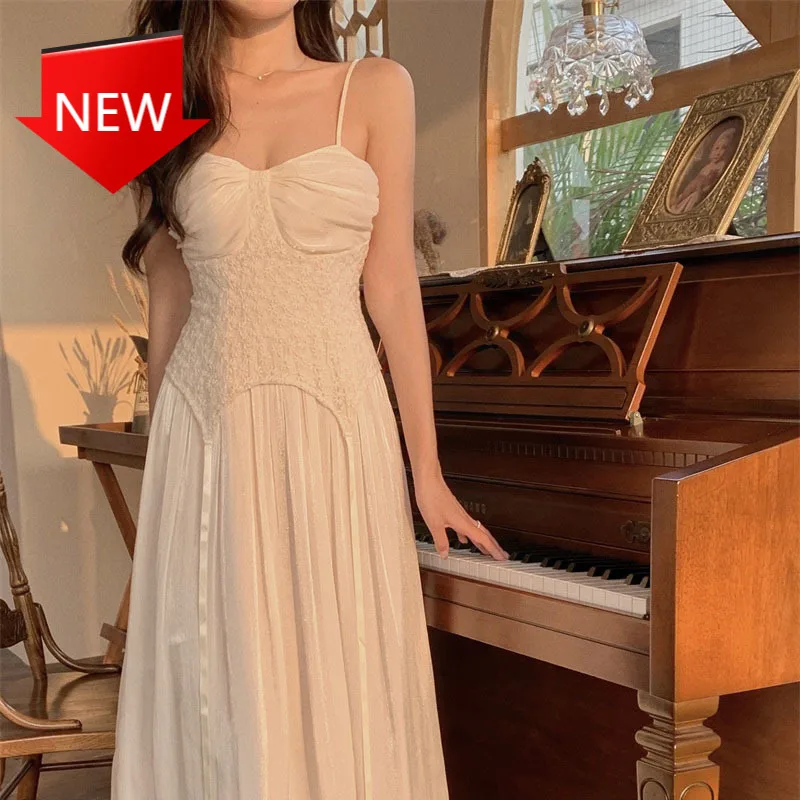 

Женское платье с высокой талией, элегантное винтажное вечернее платье на бретелях со складками в Корейском стиле, лето 2021