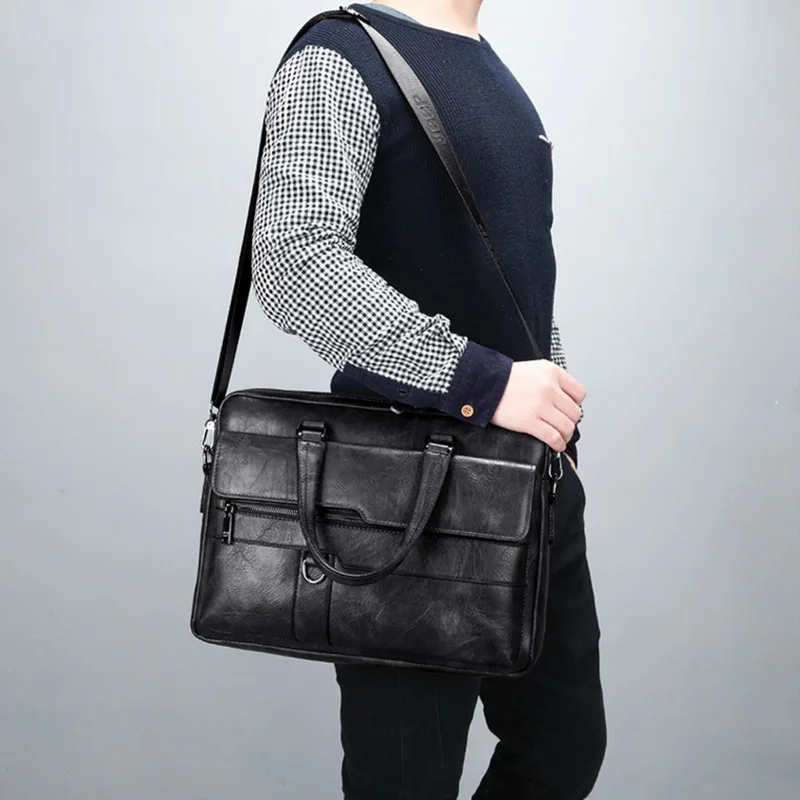 New Retro Men Solid Color Bag Faux Leather Briefcase Large Capacity Tote Shoulder Casual Business Laptop |