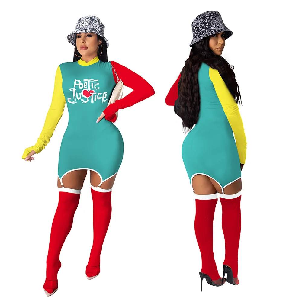 

Contrast Color Patchwork Club Party Dress with Socking Love Heart Letter Print Long Sleeve Skinny Dress Streetwear Slim Dresses