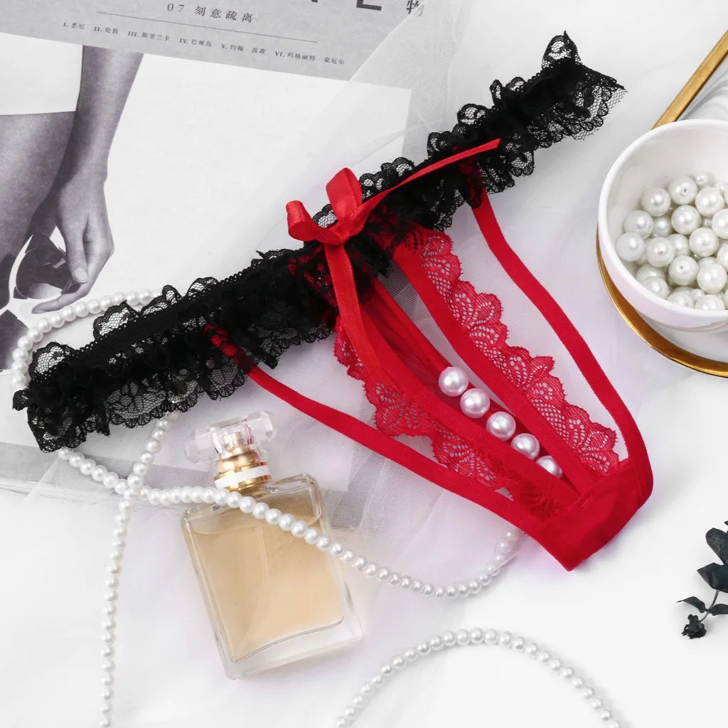 Сексуальные стринги Эротические трусики в стиле пэчворк с жемчугом кружевные