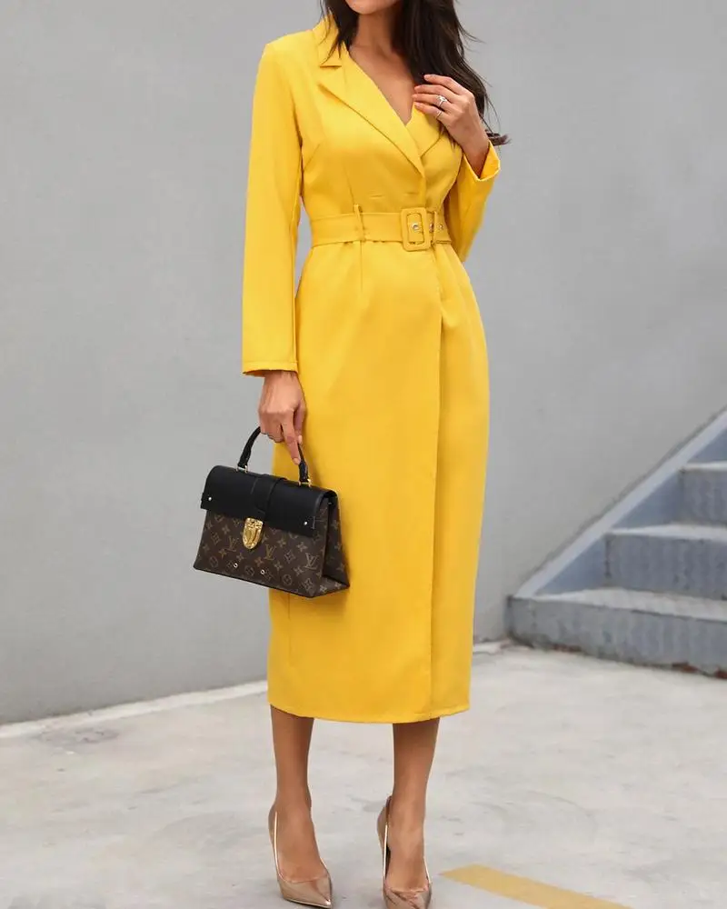 Женское платье Блейзер желтое с поясом и длинным рукавом| |