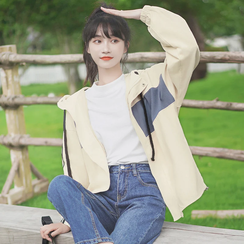 

Chic Khaki 2020 Spring and Autumn New Loose Cargo Hooded Coat Female Colorblock Baseball Uniform Students Fried Street Clothes
