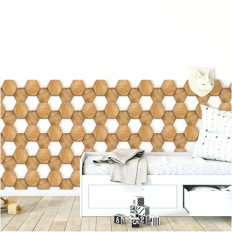 Самоклеящаяся настенная бумага водостойкая Шестигранная форма узор под дерево