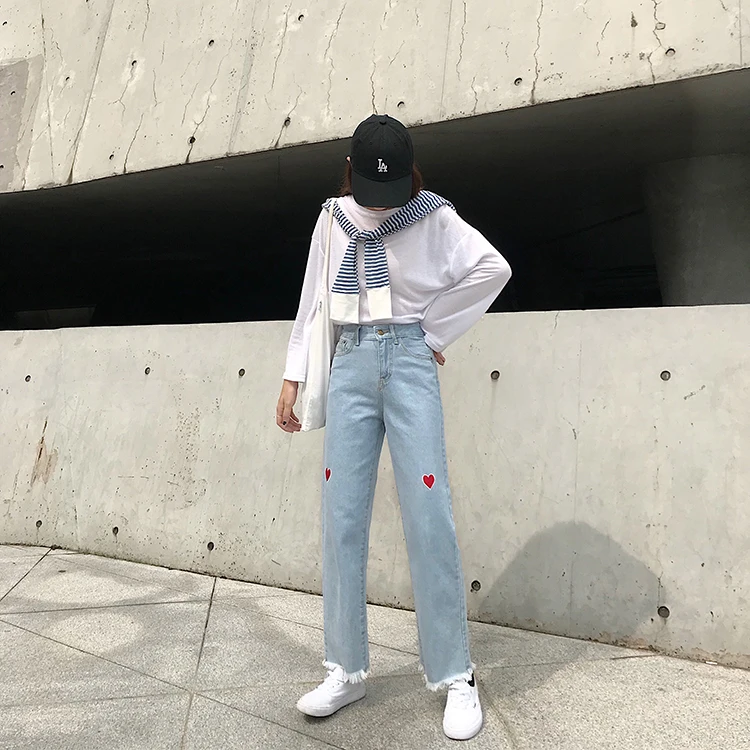Cowboy Women's Spring New Style CHIC Korean-style High-waisted Love Embroidered Loose-Fit Loose Pants Versatile Slimming Straigh