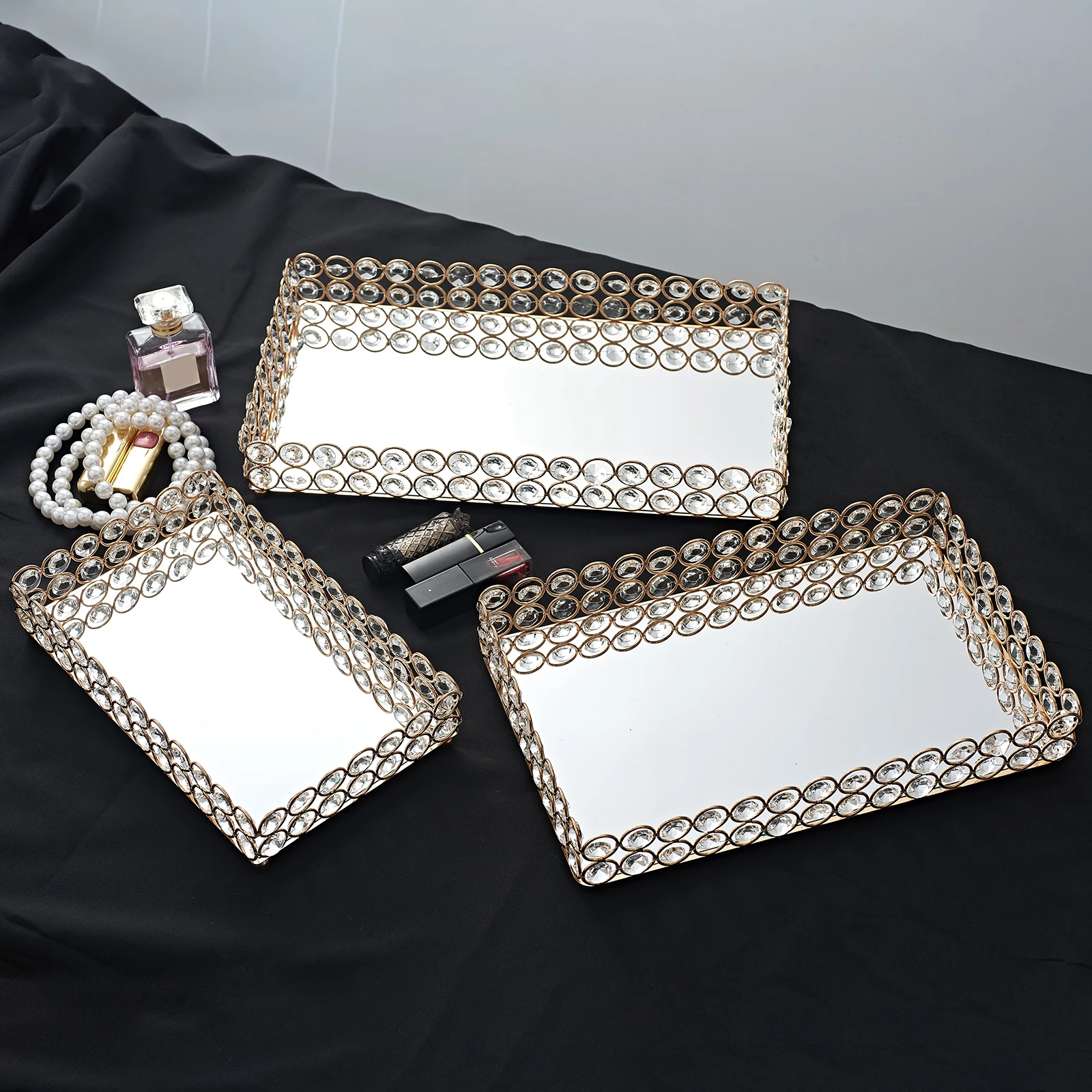 

Crystal Mirrored Cosmetic Jewelry Trinket Home Decor Sundries Ornate Tray