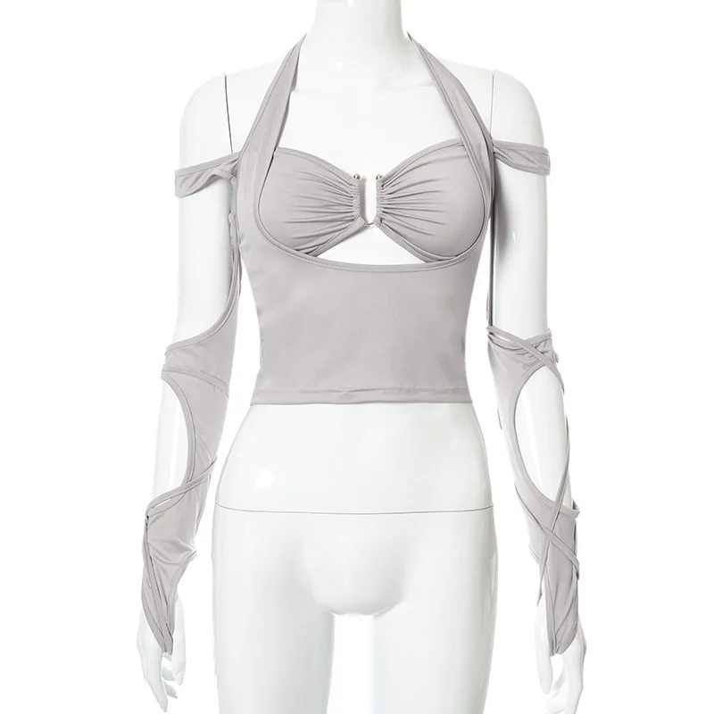 

Long Sleeve T-Shirts 2021 Strappy Halter Sexy Crop Tube Tops Steel Ring Hollow Out Summer Women'S Clothing Backless Y2k Clothes