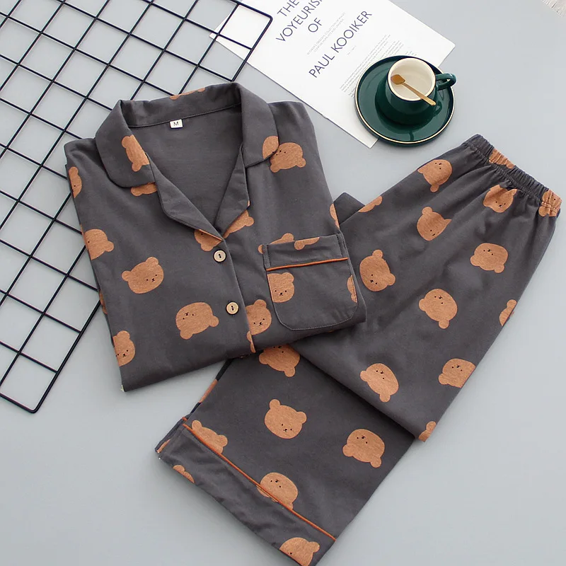 Japanese style new spring and autumn couple cotton long-sleeved trousers pajamas suit female four seasons home service suit men