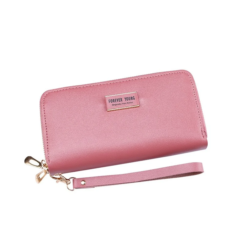 

2021 Korea japanese Student Style New Women's Long Wallet Solid Color Double Zipper Large Capacity PU Wallet Bag Clutch