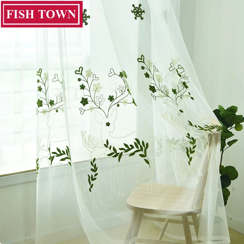 Шторы из белого тюля с вышивкой FISH TOWN для гостиной рисунком оленя прозрачные