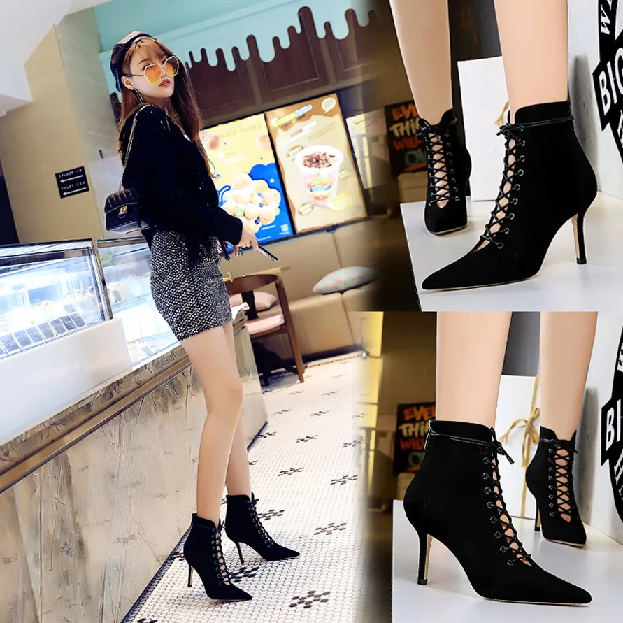 

2020 New Punk Women Ankle Boots Lace Up Pointed Toe high heel Black Chelsea Boots Pumps 8.5CM shoes for women
