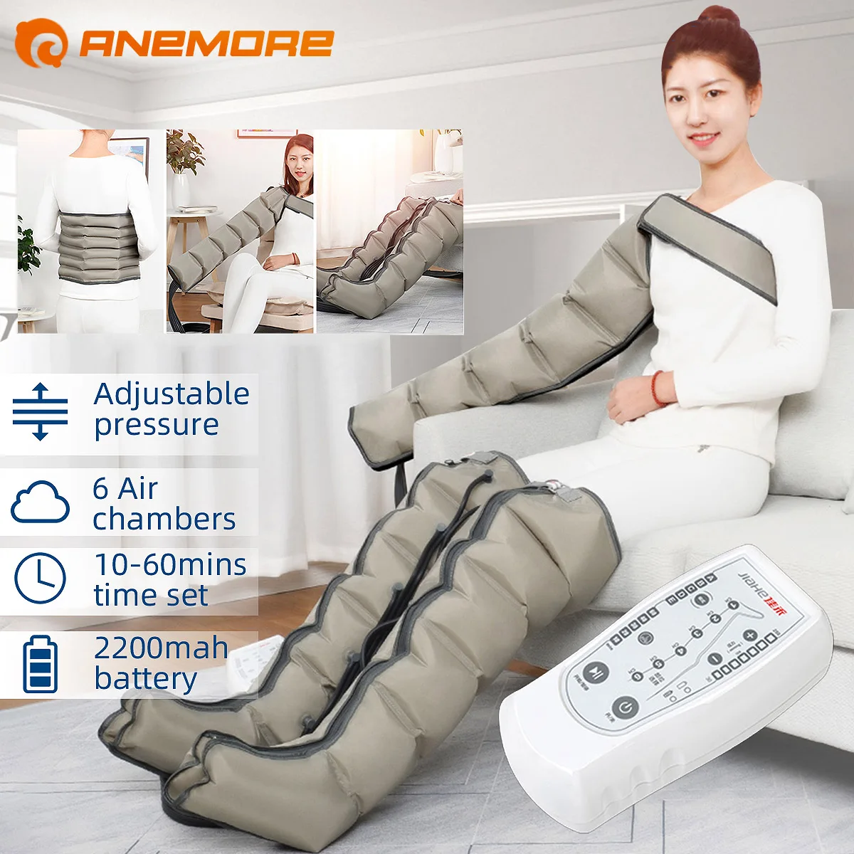 

Массажер ANEMORE компрессионный для ног, беспроводной аппарат для прессотерапии, реабилитации крови, 5 режимов