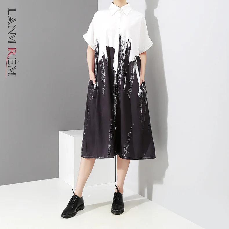 Женская одежда LANMREM свободное платье рубашка в стиле пэчворк с принтом длинное