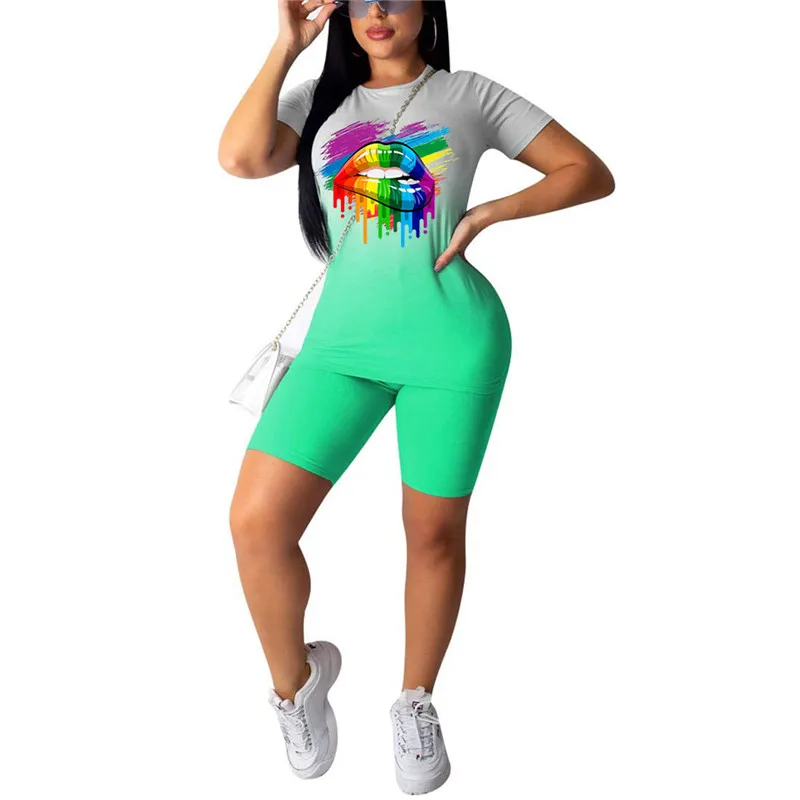 

Fashion Women Two Piece Set Gradient Love Lips Print Tee Tops Slim Elastic Waist Shorts Jogger Suit Tracksuit Matching Sport Set