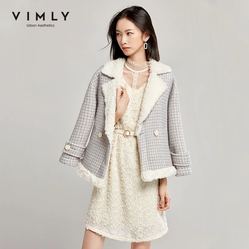 

Зимняя короткая куртка Vimly, женское элегантное двубортное теплое пальто из овечьей шерсти с отложным воротником и карманами, Женское пальто...