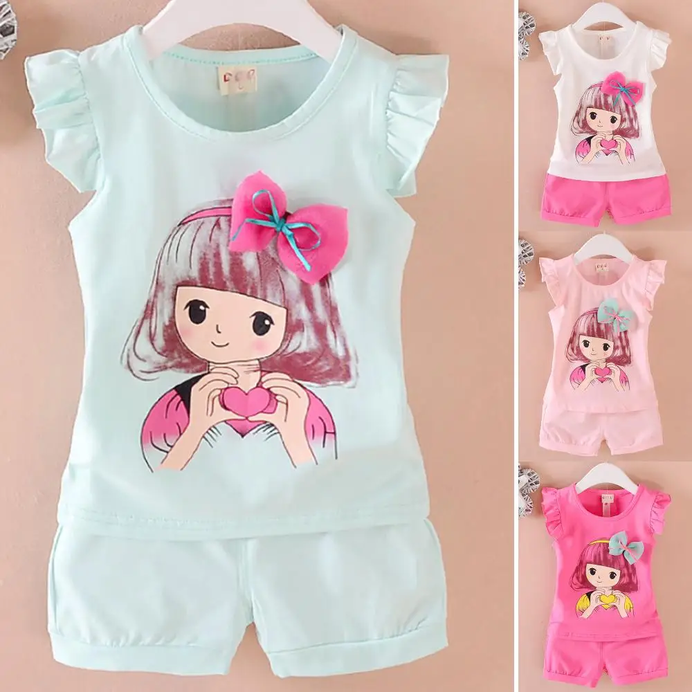 

Toddler Girls Summer Ruffle Set Kids Cute Printed Sleeveless Shorts Bowknot Loungewear