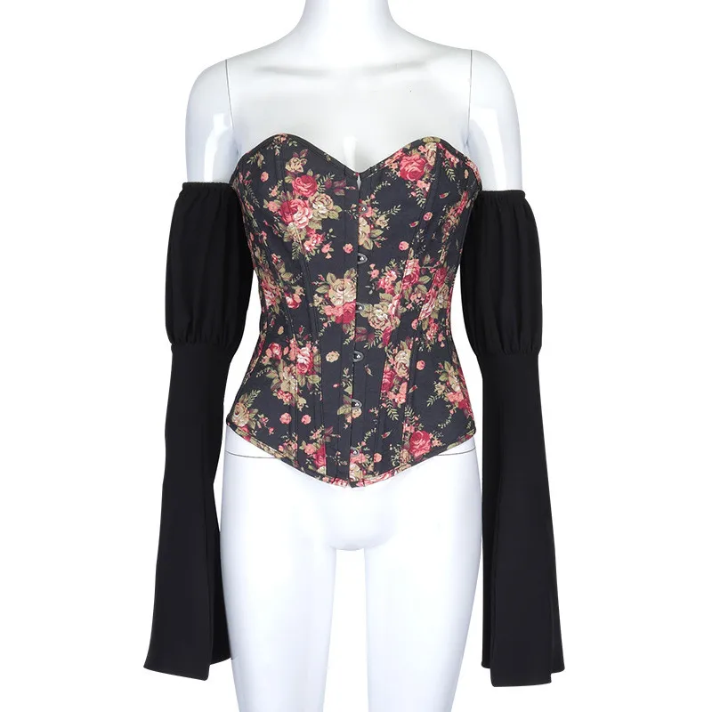 

Ahagaga Print T-shirt Women Fashion Long Puff Sleeves Floral Criss-cross Backless Off the shoulder Skinny Women T shirts Blusas