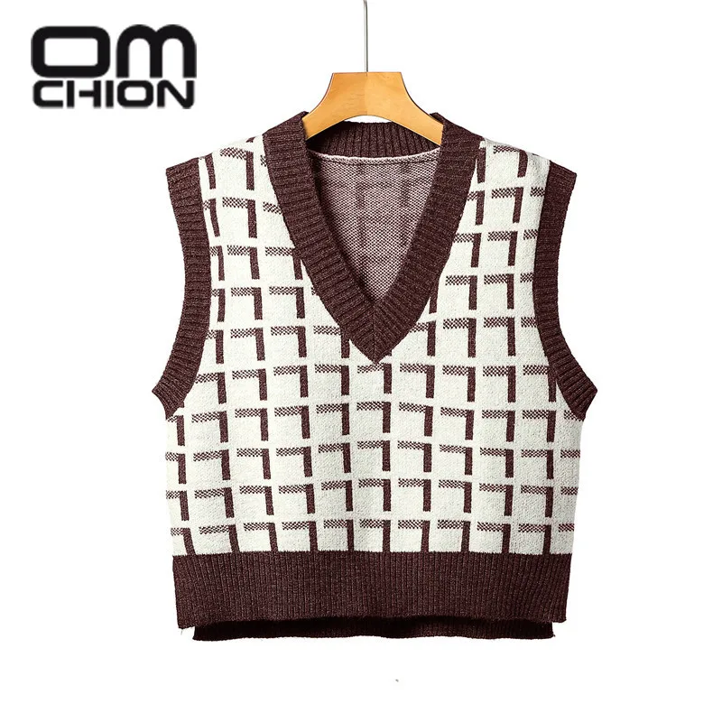 

OMCHION Sueter Mujer 2021 Korean V Neck Brown Vest Sweater Women Casual Loose Vintage Plaid Knit Tops For Female Waistcoat BN65