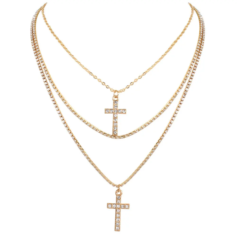 

2021 New Retro 3 Circle Multi-layer Charm Choker Crystal Necklace European Simple Clavicle Chain Cross Necklaces Fashion Jewelry