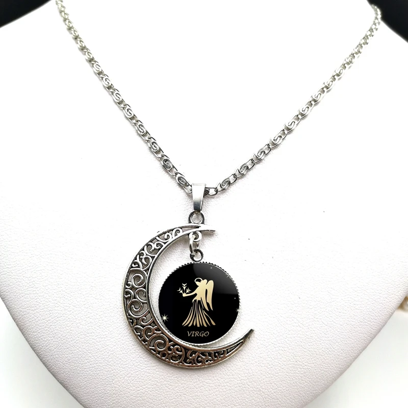 

2020 Dark 12 Constellation Leo Aries Cabochon Glass Moon Pendant Clavicle Chain Necklace Birthday Gift for Women Jewelry