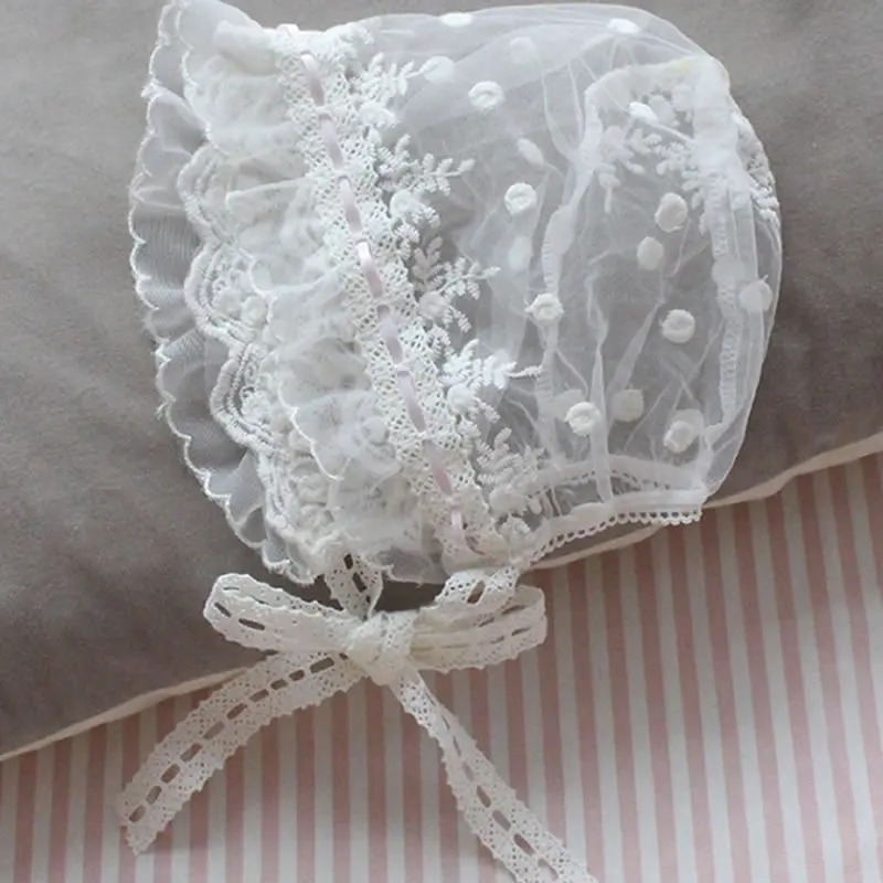 Шапочка для новорожденных хлопковая с кружевом детей 0-9 месяцев | Детская одежда