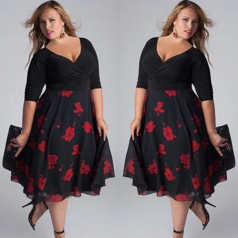 

Plus Size Sexy V-neck Floral Maxi Evening Party Dresses for Women Casual V-neck Half Sleeve Boho Beach Sundress Female #672