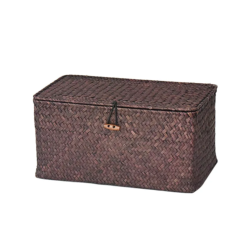 

1Pc Hand Made Creative Seaweed Woven Storage Box With Cover Finishing Box Rattan Basket Desktop Storage Basket Multiple Models