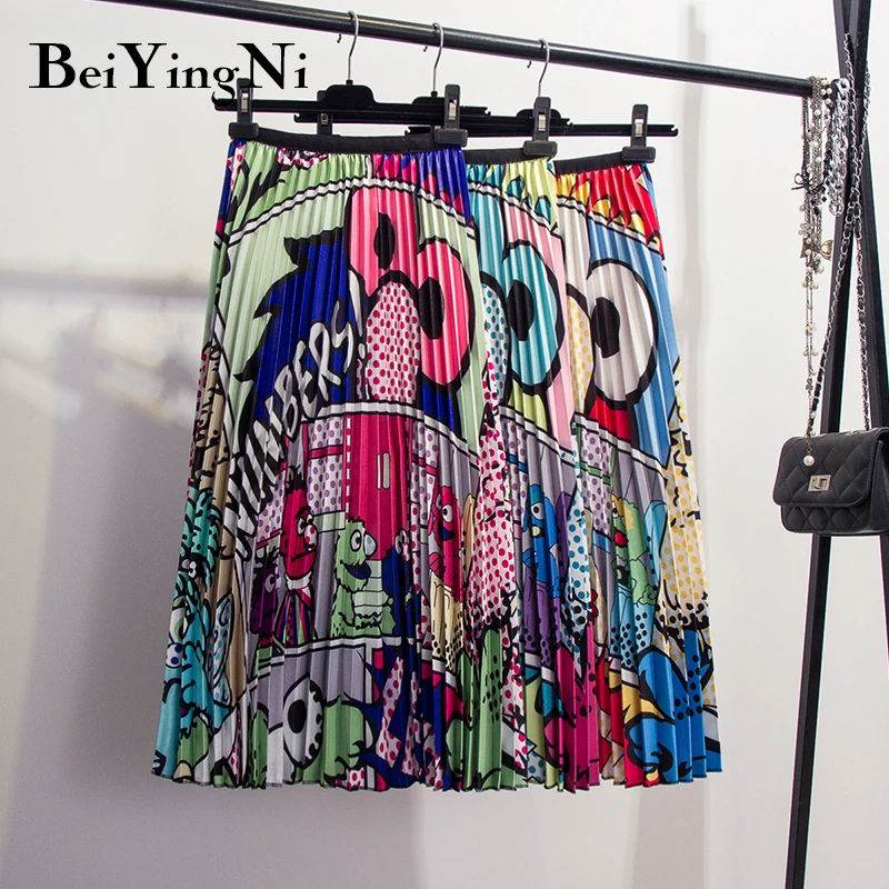 Beiyingni Cartoon Printed Skirt Women Summer Autumn High Street Pleated Midi Skirts Funny Casual European Chic Maxi Ladies | Женская