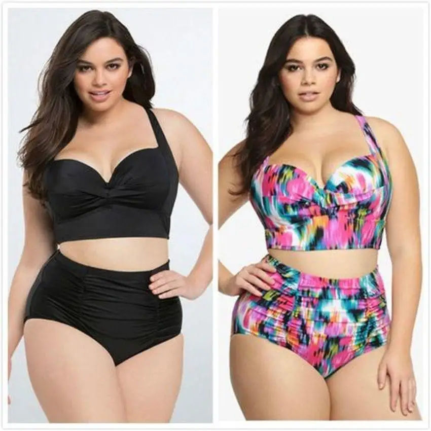 

Plus Size Women's Swimwear Solid Color Print Floral High Waist Bikini Set Two Piece Swimsuit