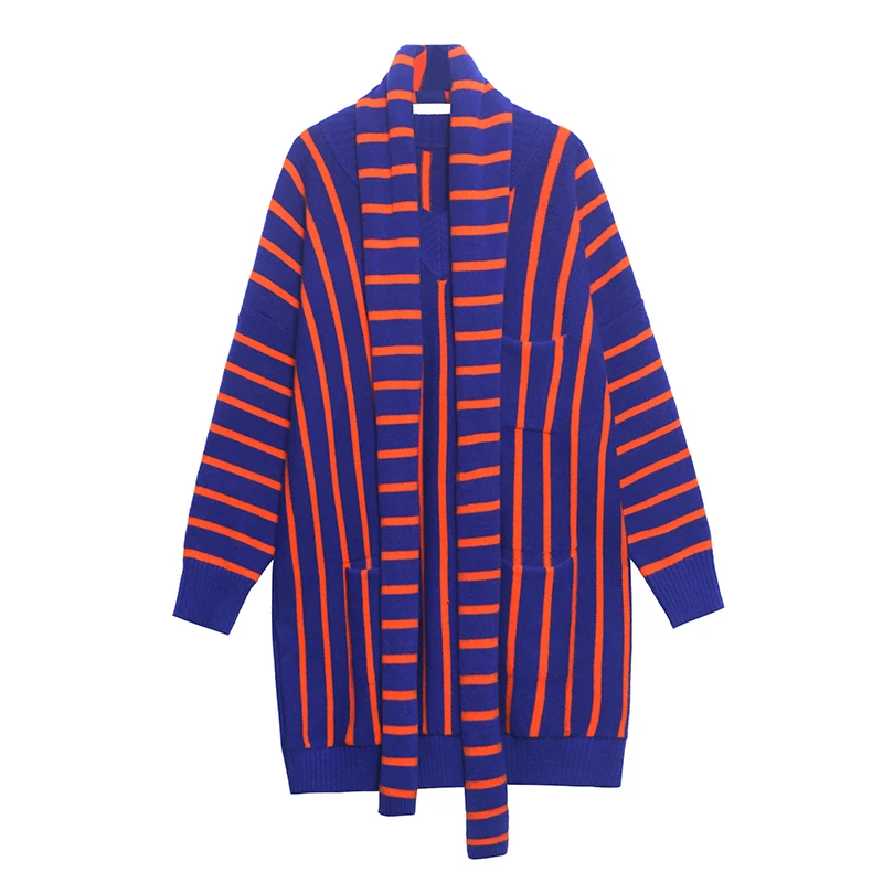 

XUXI Women Black And White Stripes Stitching Sweater Loose-fitting Streetwear Western Style Scarf Knitting Pullovers FZ3535