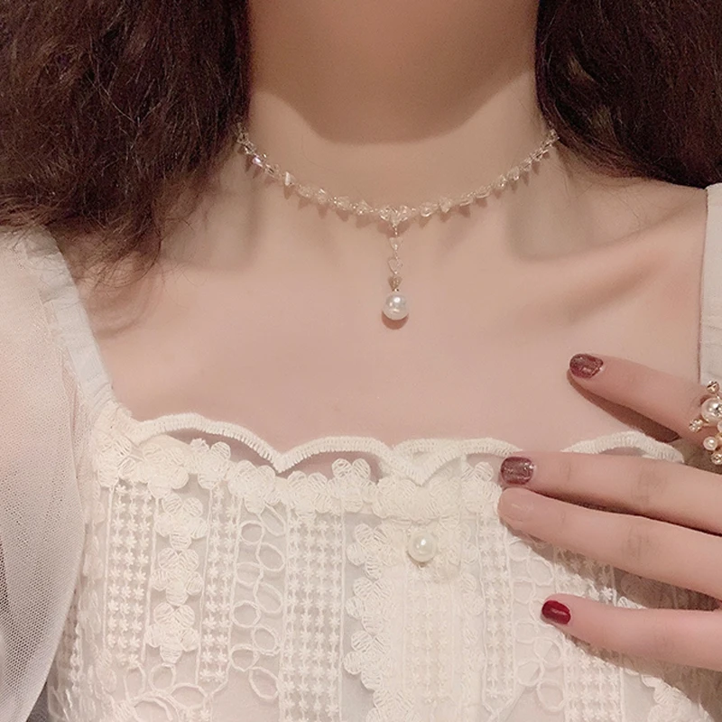 

2020 Trendy Necklaces Pendant Imitation Pearl Necklace For Women Metal Strip Chain Choker New Year Christmas Jewelry Gift Friend