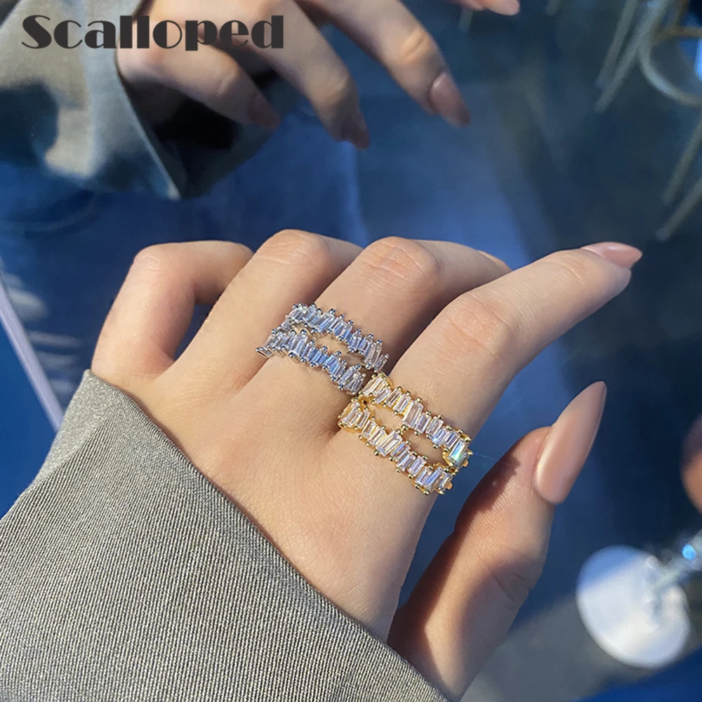 

SCALLOPED European Luxury Irregular Crystal Open Ring Exquisite Micro Paved Double Row Cubic Zirconia Women Fine Jewelry