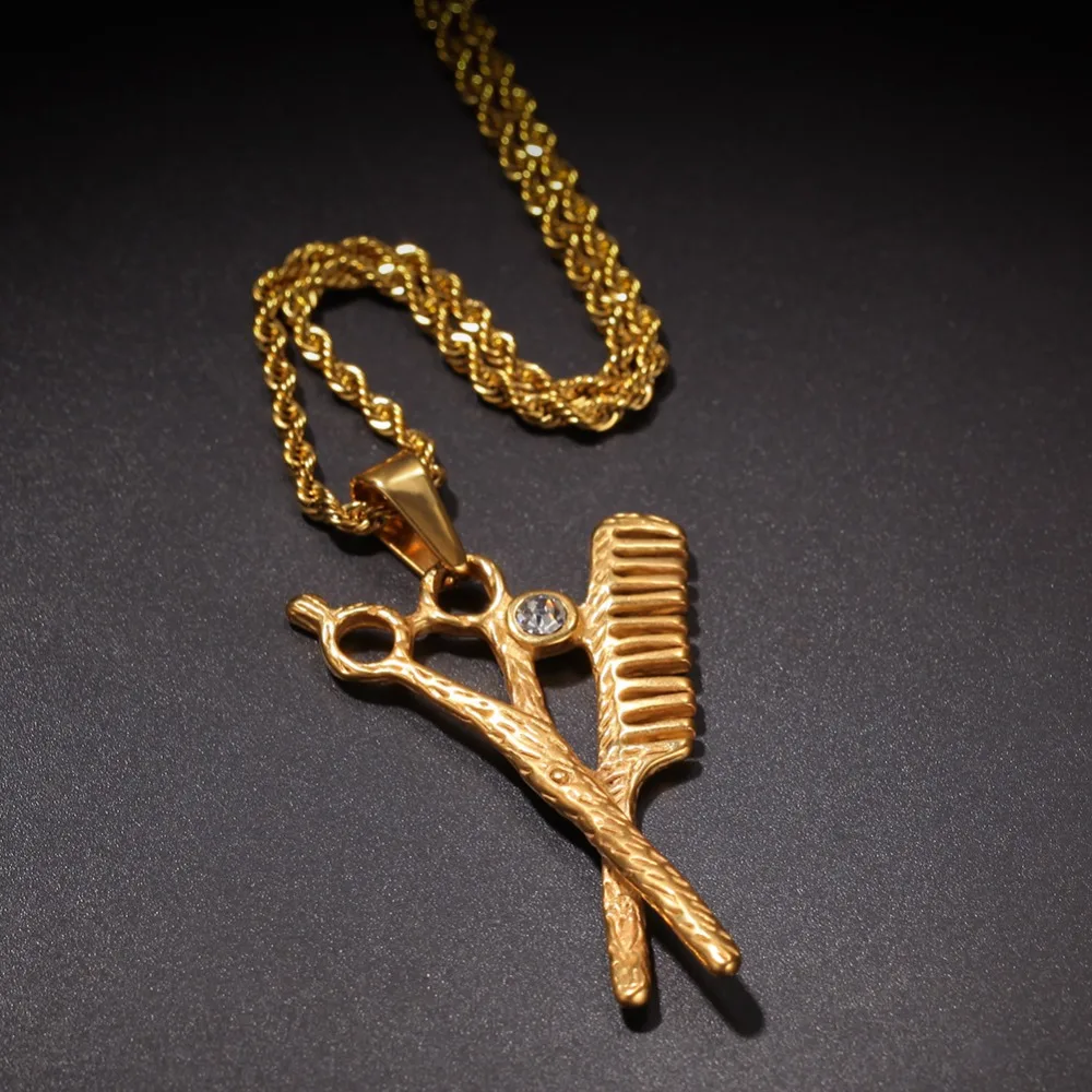 

Men Hip hop Comb and scissors Pendant Necklaces Stainless Steel fashion Vintage pendants Necklace Hiphop Women jewelry gift