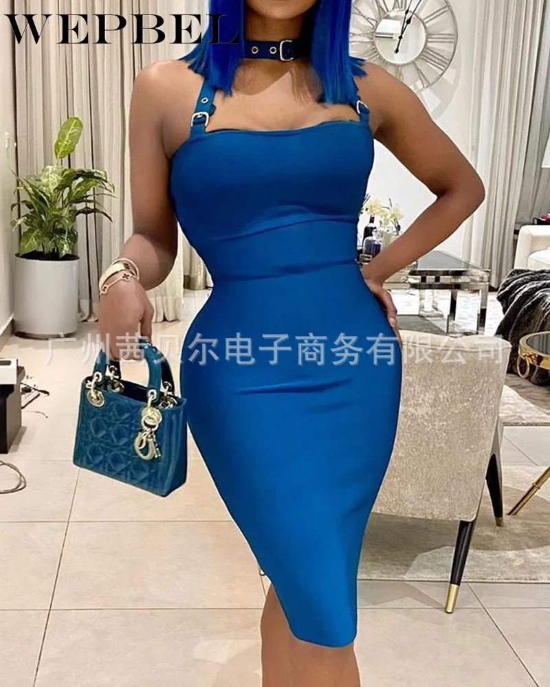 

WEPBEL Women Summer Sexy Evening Dress Casual Ladies Elegant Sleeveless Halter Skinny Pencil Dress Bodycon Party Dress