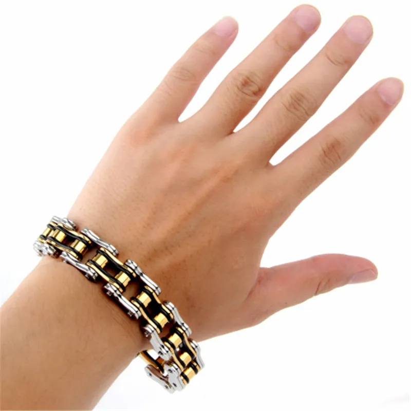 

mens big male charm bracelets chain on han dsnap button jewelry 2019 stainless steel bicycle chain men bracelet gold black punk