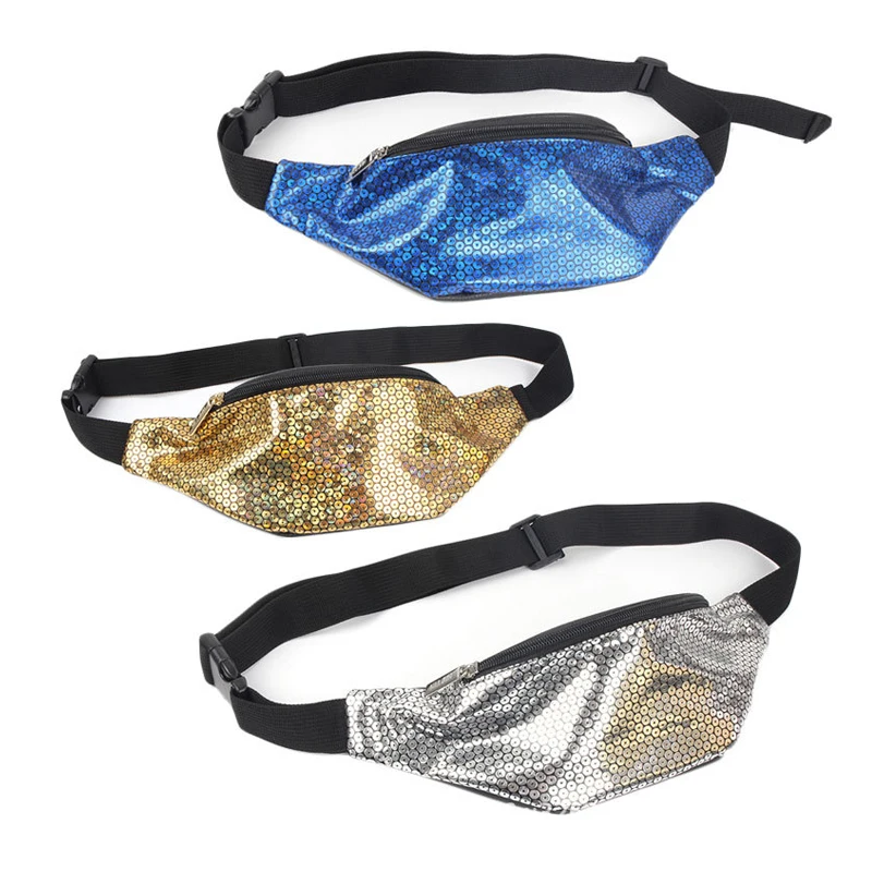 

100PCS / LOT Bling Glitter Sport Waist Bag for Men Women Outdoor Beach Fitness Fanny Pack Fashion Shiny Waist Pack