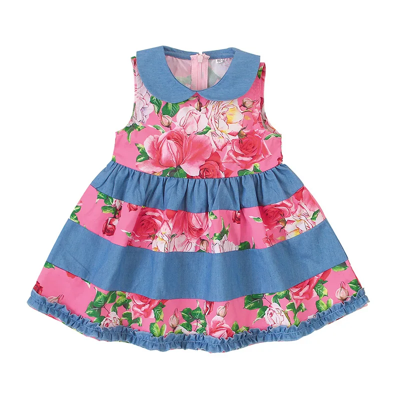 

Summer 2020 Girls Dress Girls Summer Cute Dress Sleeveless Turn-down Collar Print Floral Patchwork Cute Dress Vestidos 1T-5T
