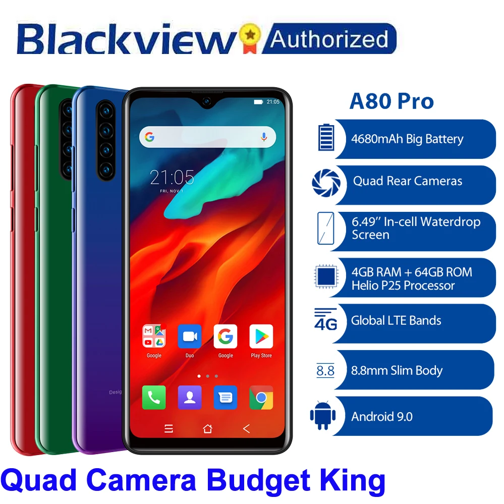 Blackview A80 Pro Quad сзади Камера Octa Core 4 Гб + 64 мобильный телефон 6 49 &quotв виде капли воды 4680