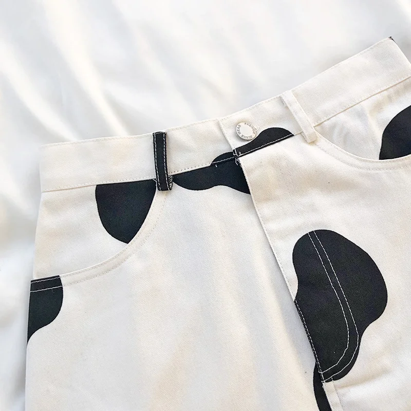 

College style cow pattern pocket high waist bag hip skirt women