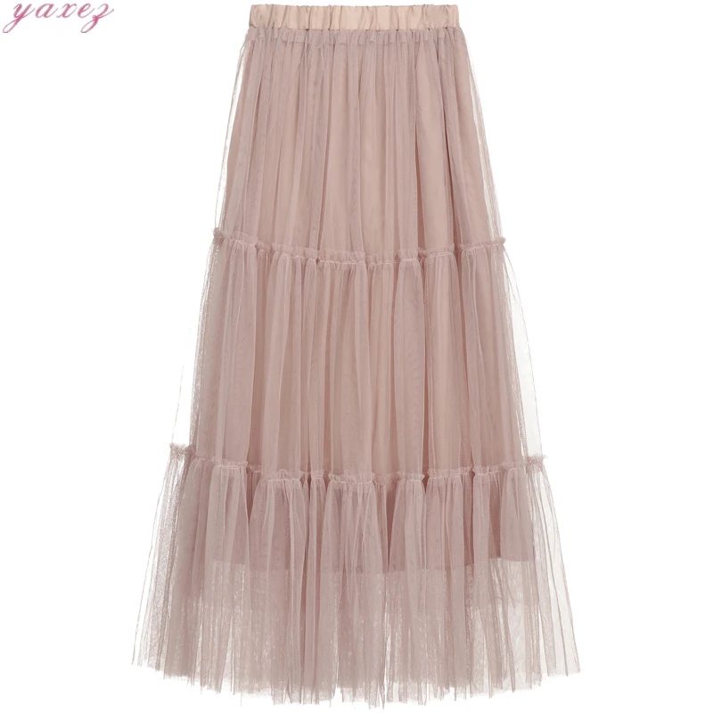 

New Arrival All-match Fairy Mesh Stitching Tulle Skirt Large Swing Summer 2020 Ruffle Skirt Asymmetric Vintage High Waist Skirt