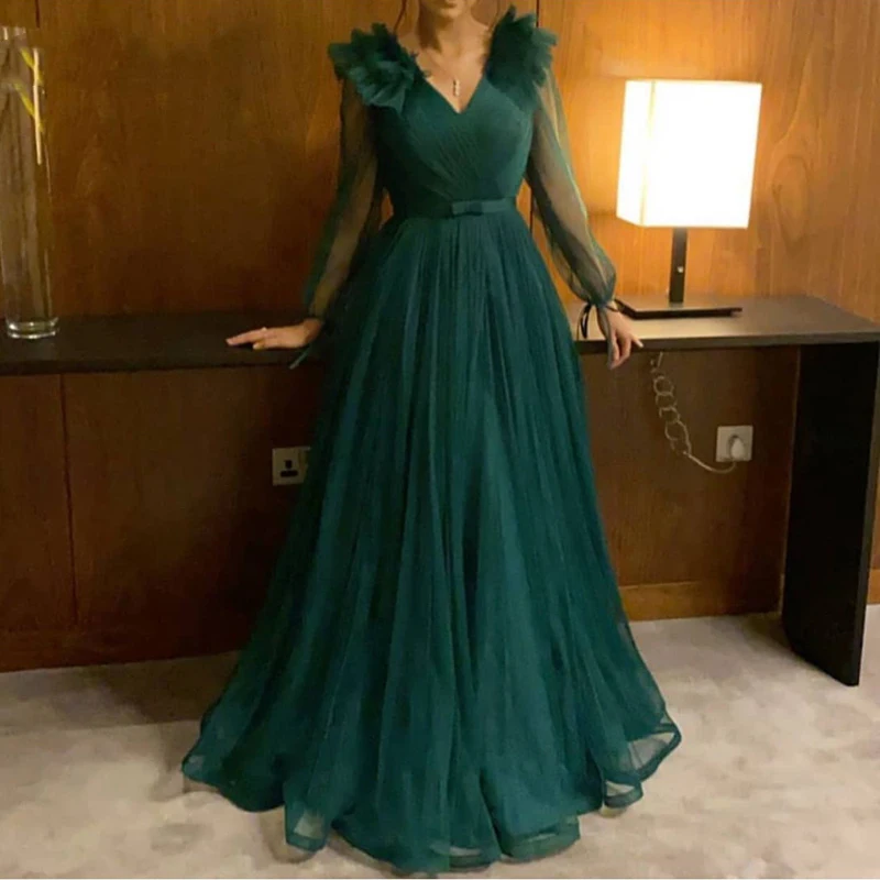 Emerald Green Evening Dresses V-neck 