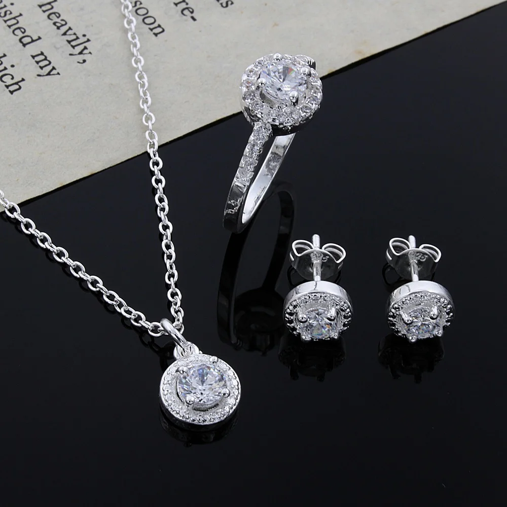925 Sterling silver Cute Solid Christmas gift noble fashion elegant women shiny crystal CZ necklace earring ring jewelry Set 2