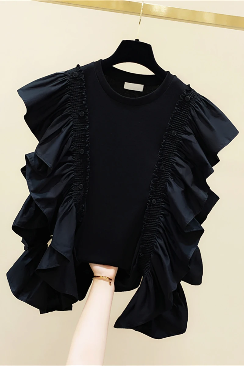 

2021 Summer New Pure Cotton Ruffles Chiffon Stitching Sleeveless Short-Sleeved T-shirt Women's Shirt Fashion
