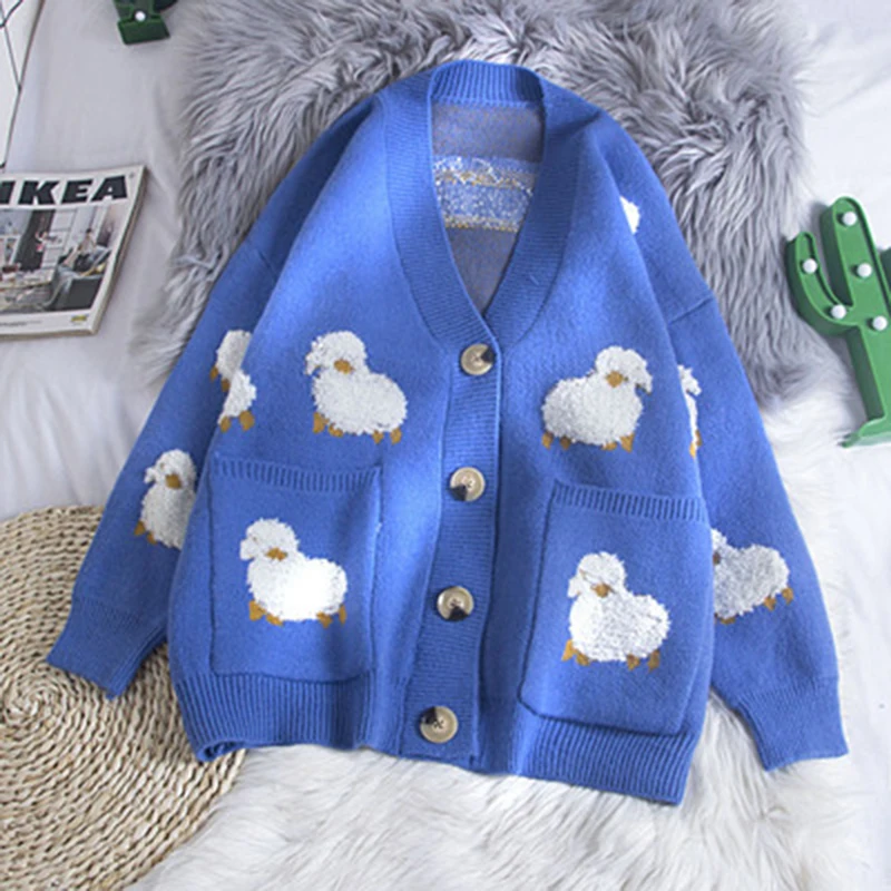 

Womens V-Neck Cardigan Oversized Street Style Sweet Cartoon Print Knitted Cardigan Autumn 2021